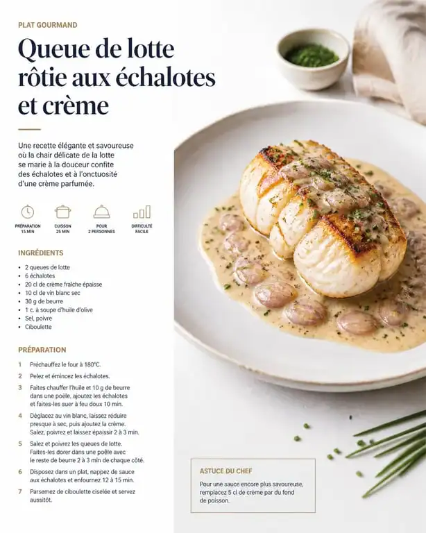 Queue de lotte rôtie aux échalotes et crème, plat gastronomique prêt à déguster