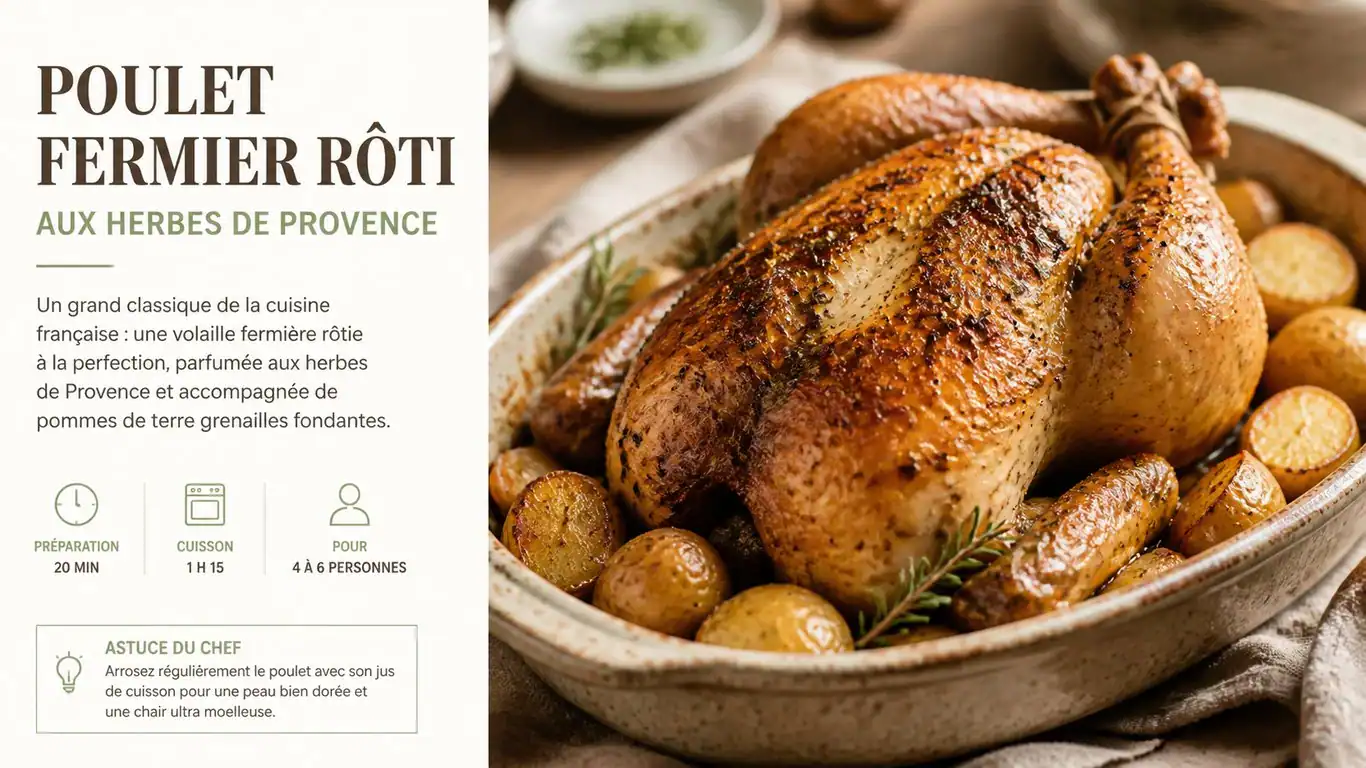 Poulet fermier rôti aux herbes de Provence dans un plat traditionnel
