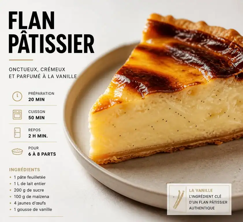 Flan pâtissier traditionnel à l'extrait de vanille sur une assiette