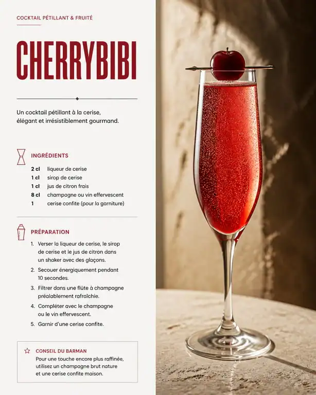 Cocktail Cherrybibi à base de cherry brandy liqueur dans une flûte à champagne