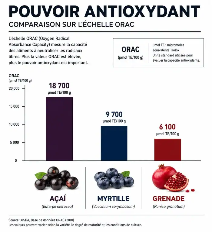 Infographie comparative du pouvoir antioxydant de l'açai et des fruits rouges