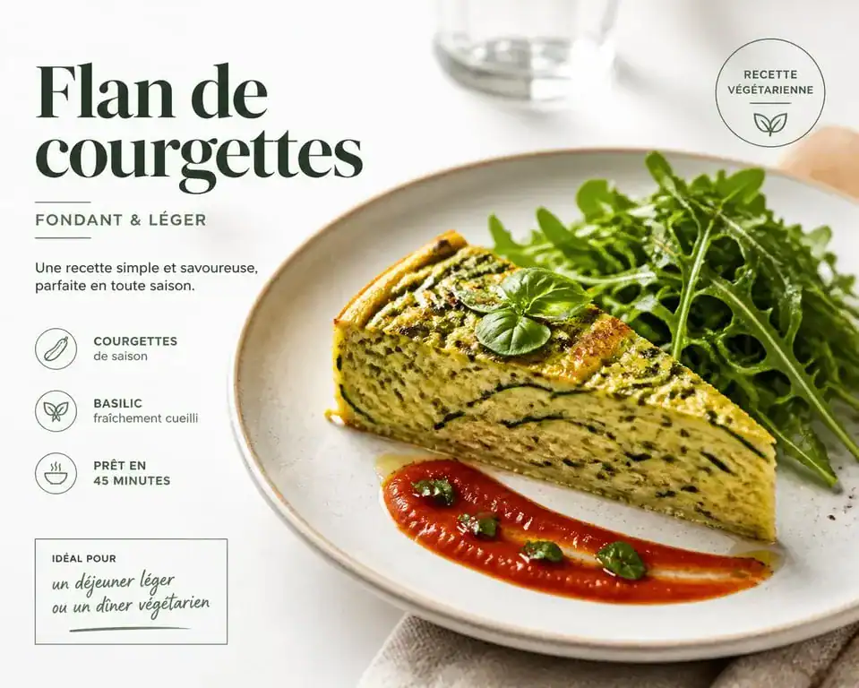 Flan de courgettes accompagné d'une salade et sauce tomate