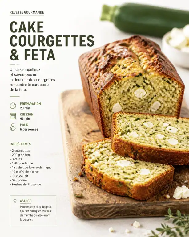 Cake courgette feta tranché sur une planche en bois