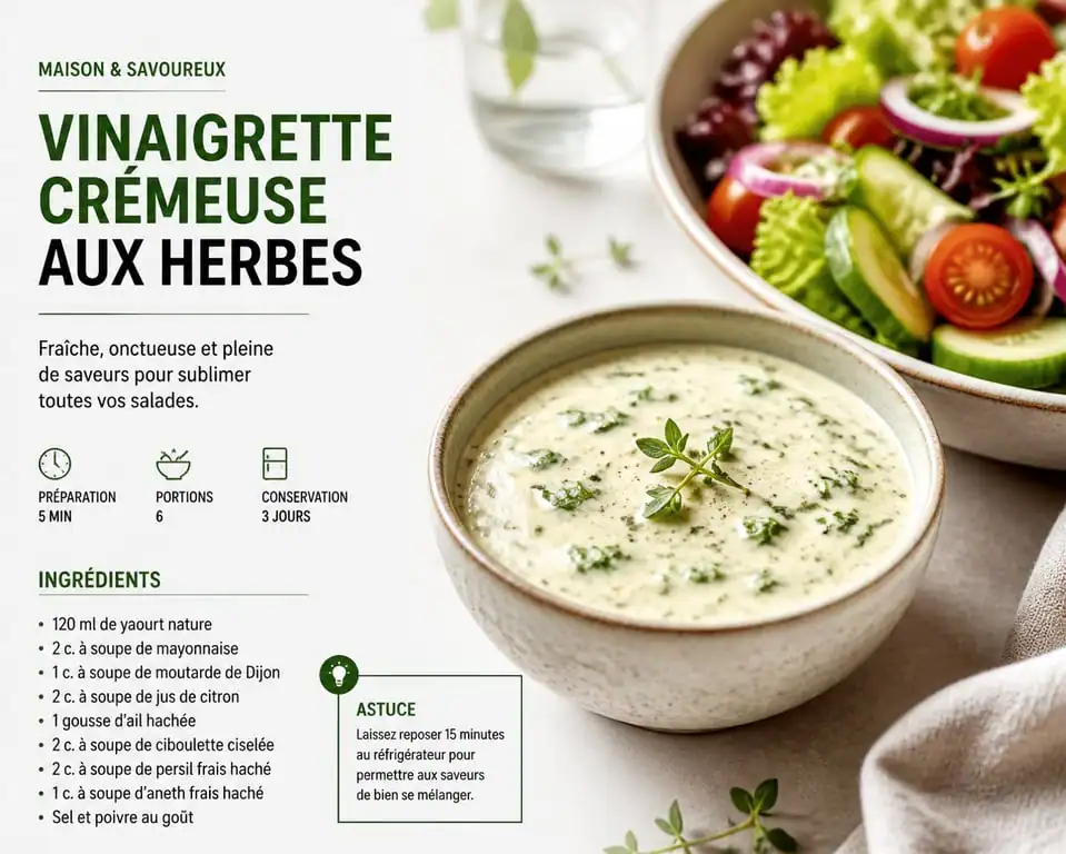 Vinaigrette sans vinaigre crémeuse aux herbes et citron pour salade fraîche