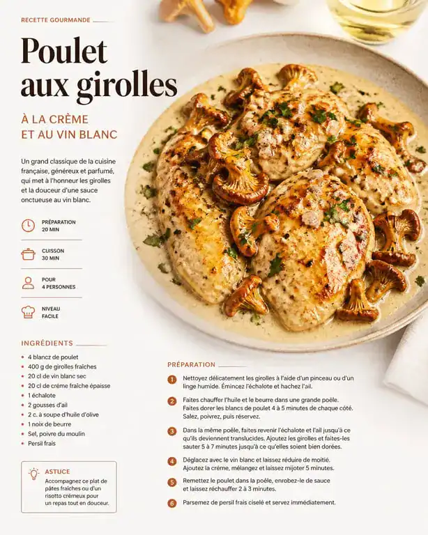 Poulet aux girolles à la crème et au vin blanc dans une assiette élégante