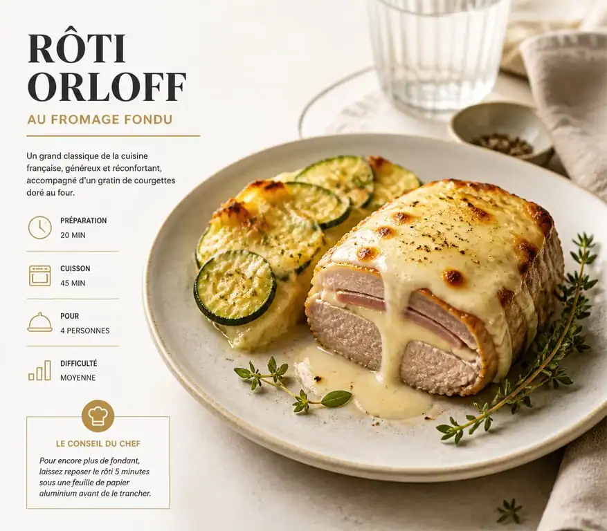 Rôti Orloff accompagné d'un gratin de courgettes pour un repas gastronomique