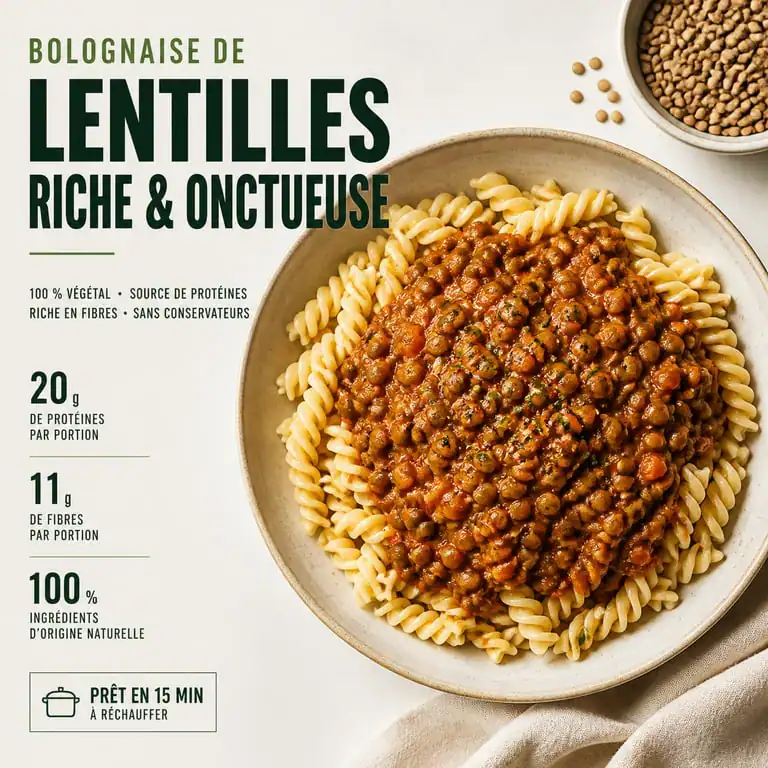 Recette de bolognaise de lentilles végétarienne sur un lit de pâtes
