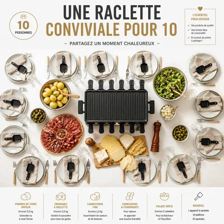Plateau de raclette gourmand pour 10 personnes avec fromage, charcuterie et accompagnements