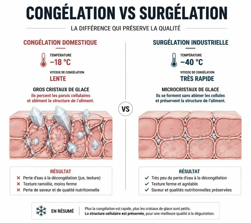 Infographie comparative : différence entre congélation domestique et surgélation industrielle sur la structure cellulaire des aliments