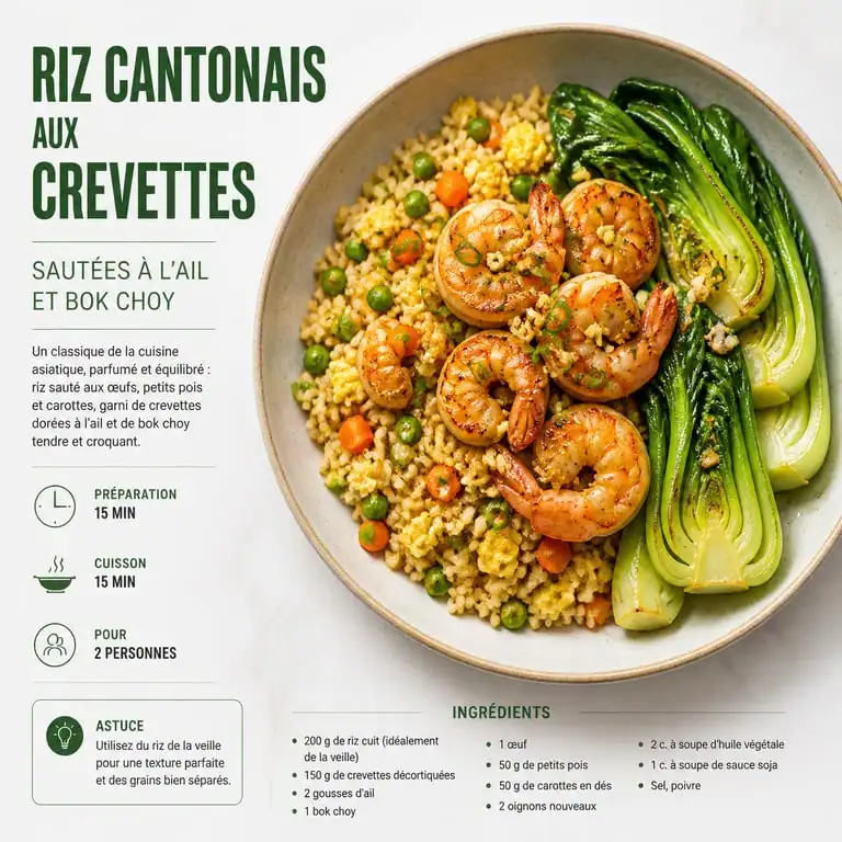 Riz cantonais accompagné de crevettes à l'ail et bok choy
