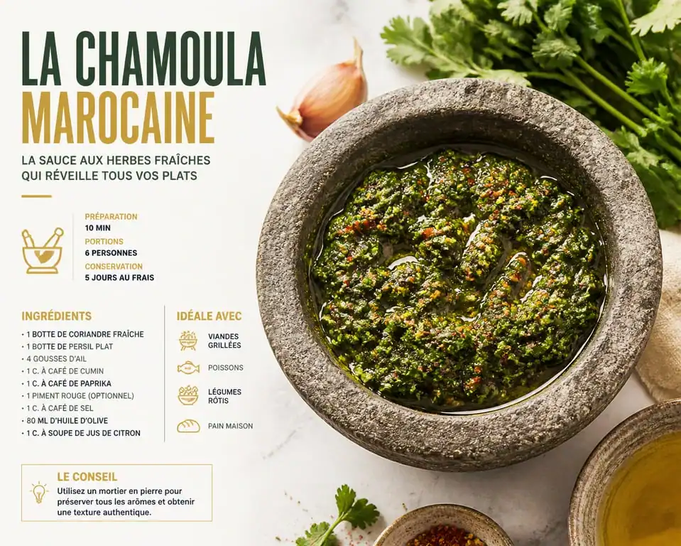 Bol de chamoula marocaine traditionnelle préparée avec des herbes fraîches et des épices pour une marinade savoureuse.