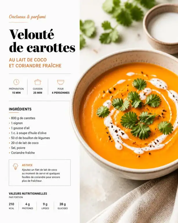 Velouté de carottes onctueux servi dans un bol avec coriandre et lait de coco