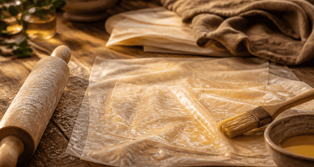 Feuilles de pâte filo maison étalées sur table