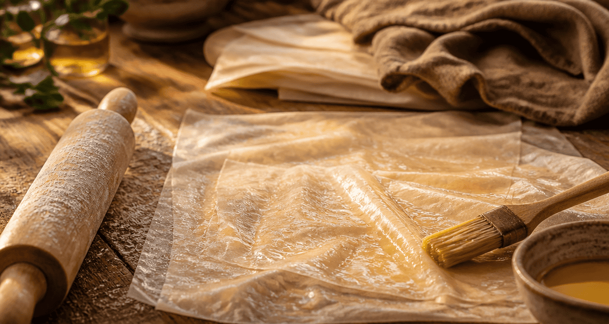 Feuilles de pâte filo maison étalées sur table