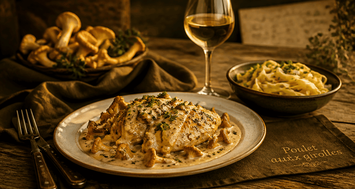Poulet girolles crème vin blanc assiette élégante