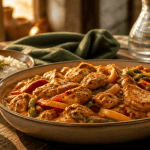 recette poulet poivron en sauce sur table rustique