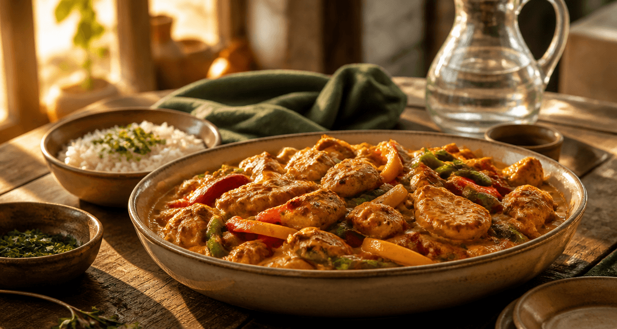 recette poulet poivron en sauce sur table rustique