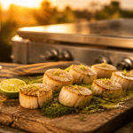 saint jacques plancha marinade sur planche bois