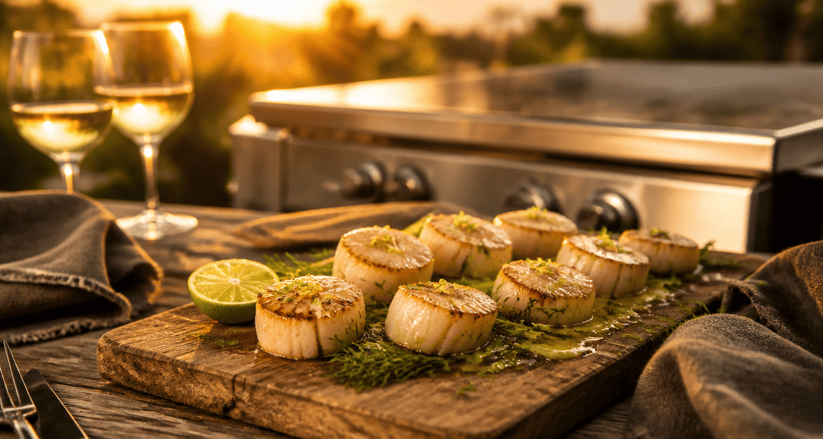 saint jacques plancha marinade sur planche bois