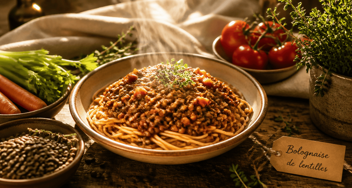 sauce lentilles sur pâtes avec légumes