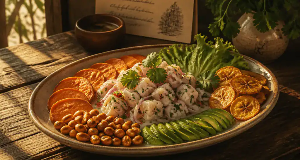 accompagnement ceviche avec patate douce, maïs, avocat et chips plantain