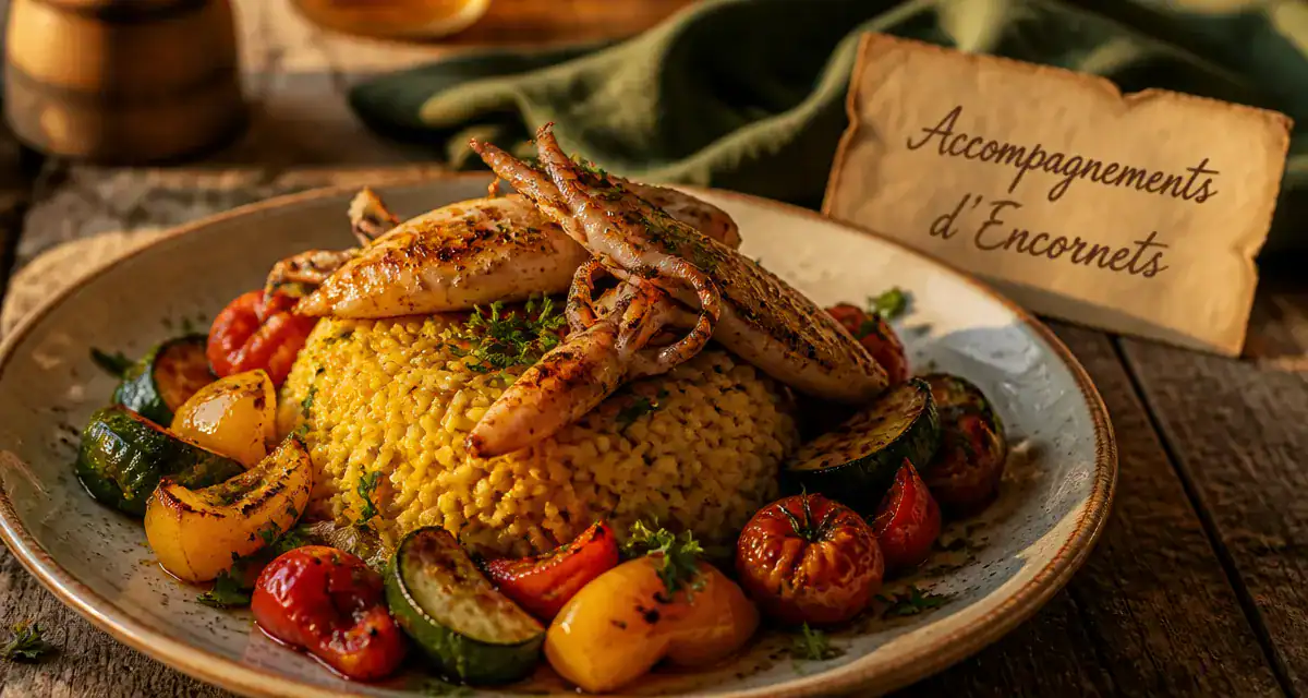 accompagnement encornets avec légumes méditerranéens et riz safrané