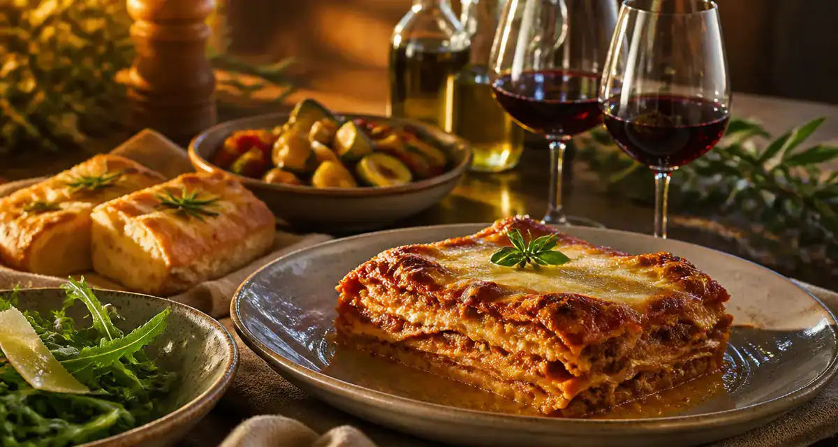 accompagnement pour lasagne avec salade, légumes et focaccia