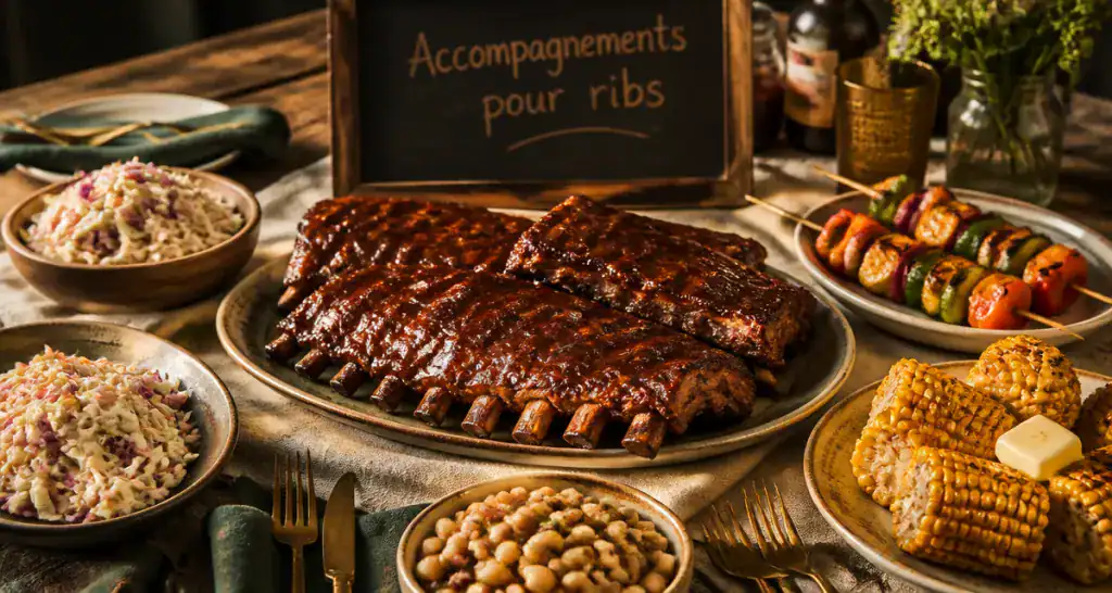 accompagnement ribs avec travers de porc, coleslaw, haricots, maïs grillé et brochettes