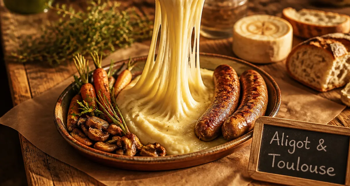 Aligot accompagnement : aligot filant avec saucisses de Toulouse