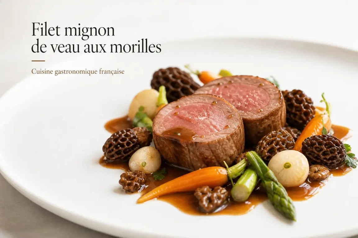 Recette filet mignon de veau gastronomique aux morilles dressé sur assiette