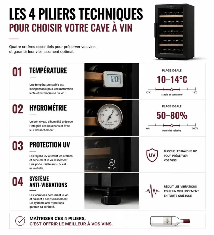 Infographie des critères techniques essentiels pour choisir une cave à vin : température, hygrométrie, protection UV et vibrations.