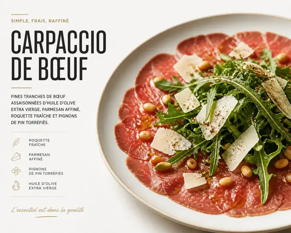 Assiette de carpaccio de bœuf avec accompagnement de roquette et parmesan