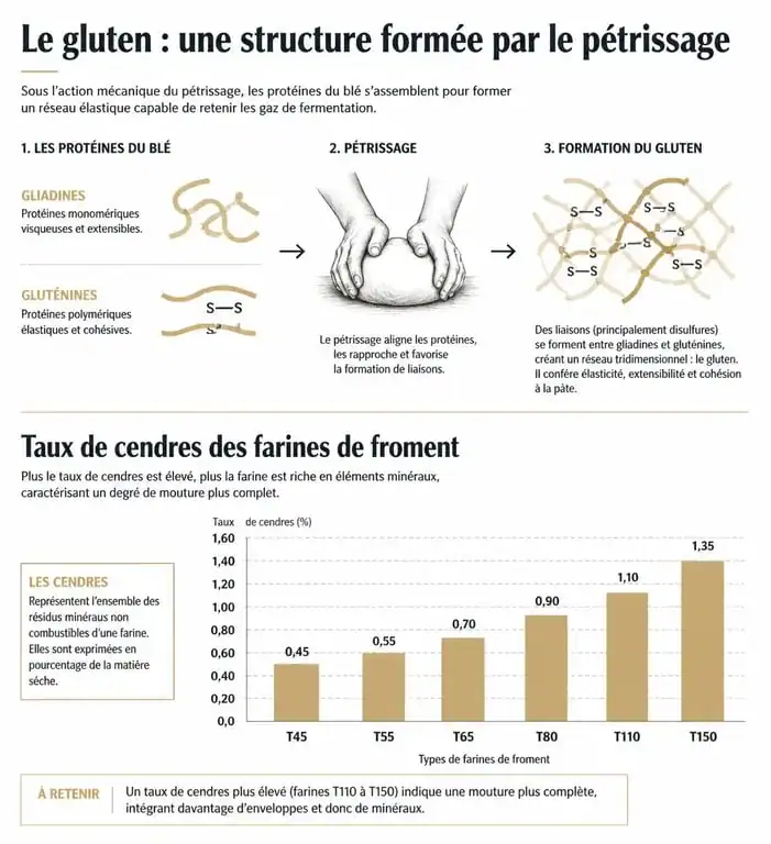 Infographie explicative sur la composition de la farine de froment et le rôle du gluten