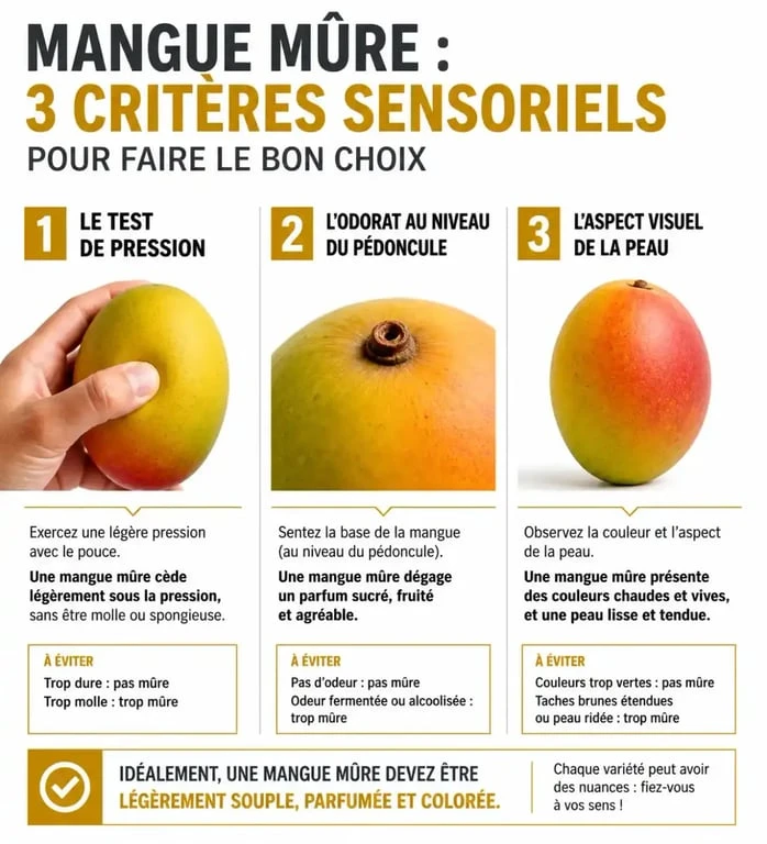 Infographie des critères pour choisir une mangue mûre : toucher, odeur et aspect visuel