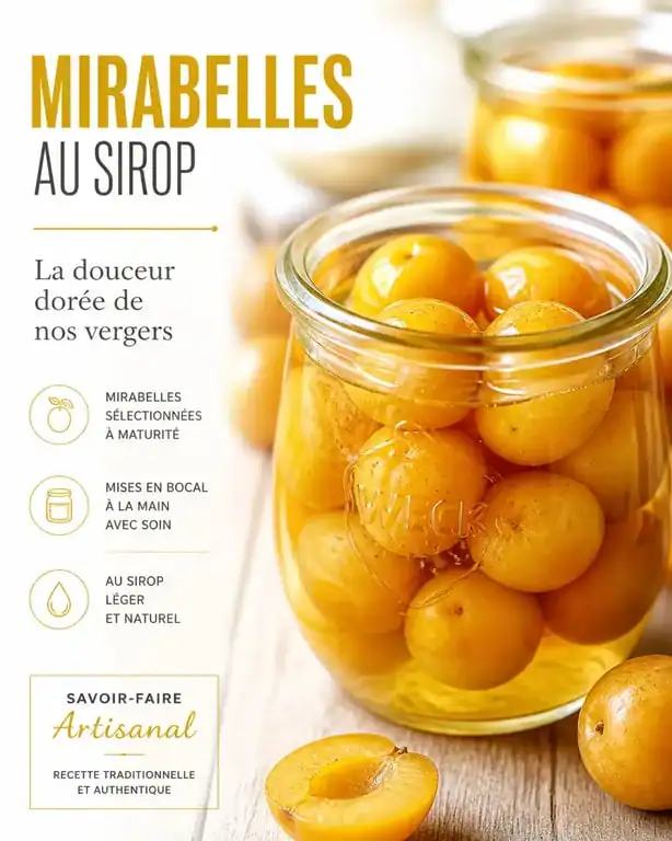 Bocaux de mirabelles au sirop sans stérilisation disposés sur une table