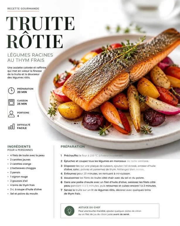 Filet de truite rôti et son accompagnement de légumes de saison