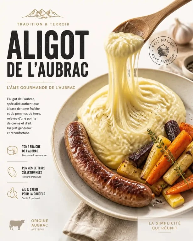Aligot de l'Aubrac et son accompagnement : saucisse de Toulouse et légumes rôtis