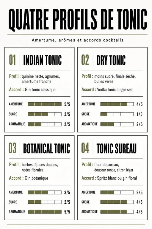 Infographie comparative des profils aromatiques et usages des différents types de tonic water