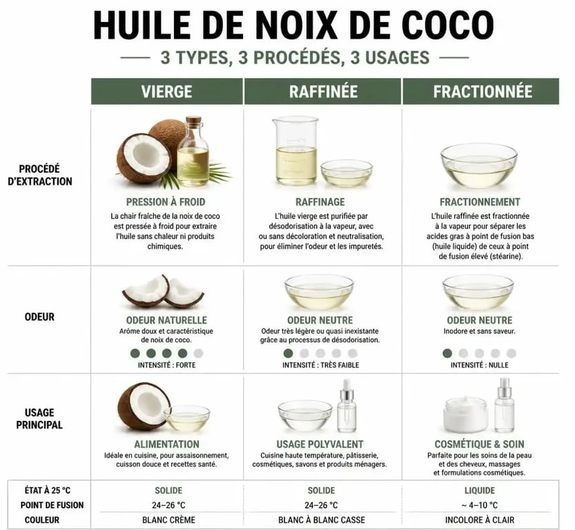 Infographie comparative des différents types d'huile de noix de coco : vierge, raffinée et fractionnée pour choisir la meilleure huile de noix de coco selon l'usage.