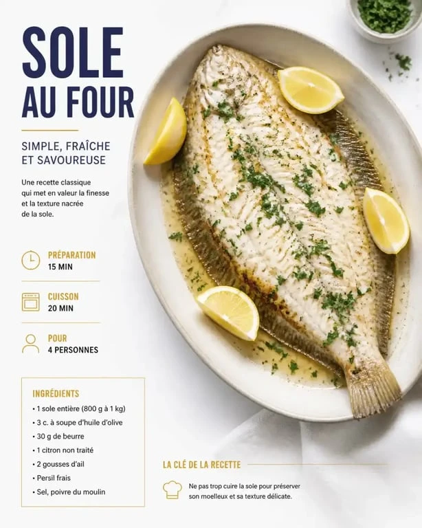 Sole au four prête à déguster, garnie de persil et de citron, recette raffinée.