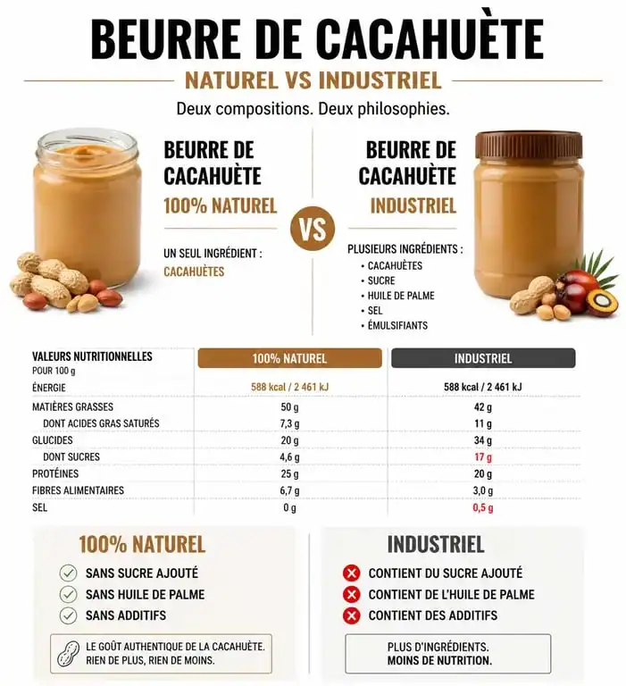 Infographie comparative des bienfaits nutritionnels du beurre de cacahuète sans sucre versus beurre de cacahuète industriel
