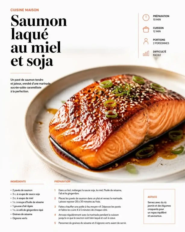 Pavé de saumon mariné au miel et soja, prêt à être dégusté.