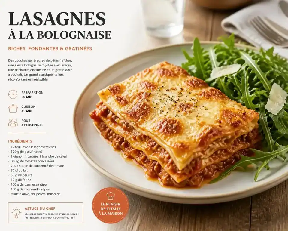 Accompagnement pour lasagne : assiette de lasagnes bolognaise servie avec une salade de roquette fraîche.