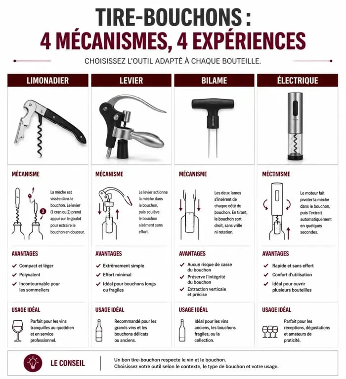 Infographie comparative des meilleurs types de tire-bouchons pour choisir le modèle adapté à vos besoins