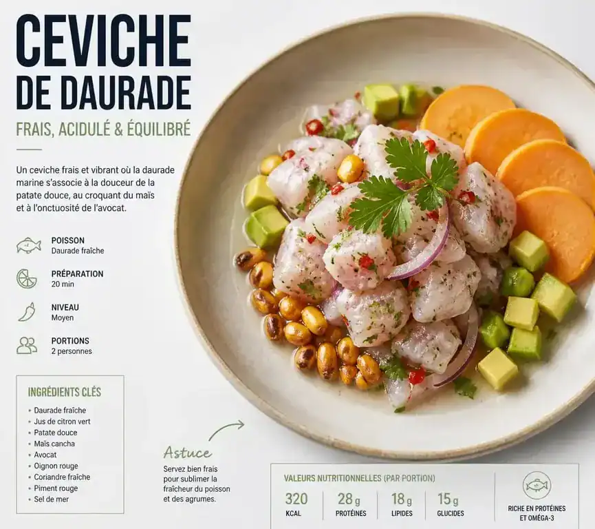 Assiette de ceviche de daurade avec ses accompagnements traditionnels : patate douce, maïs et avocat.