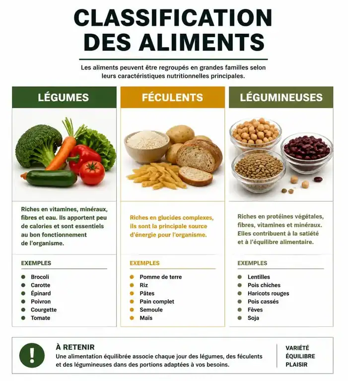Infographie comparative illustrant la liste des légumes et féculents pour une alimentation équilibrée