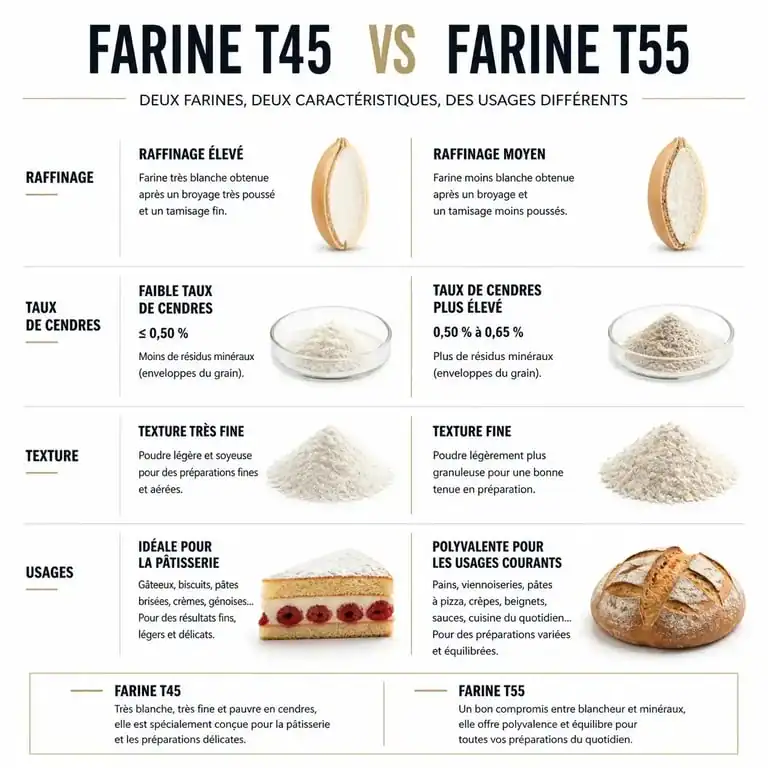 Infographie comparative des caractéristiques et usages de la farine T45 ou T55 en cuisine