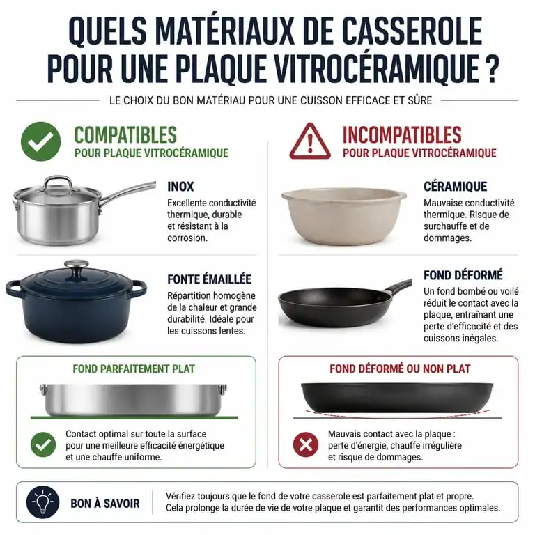 Infographie comparative des matériaux de casseroles compatibles avec une plaque vitrocéramique
