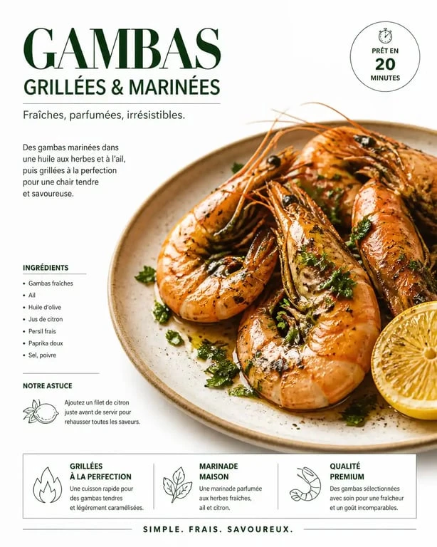 Gambas marinées prêtes à être dégustées, recette de marinade pour gambas grillées