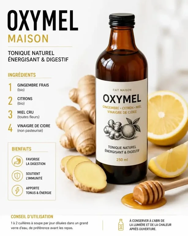 Recette d'oxymel maison au gingembre et citron dans une bouteille en verre